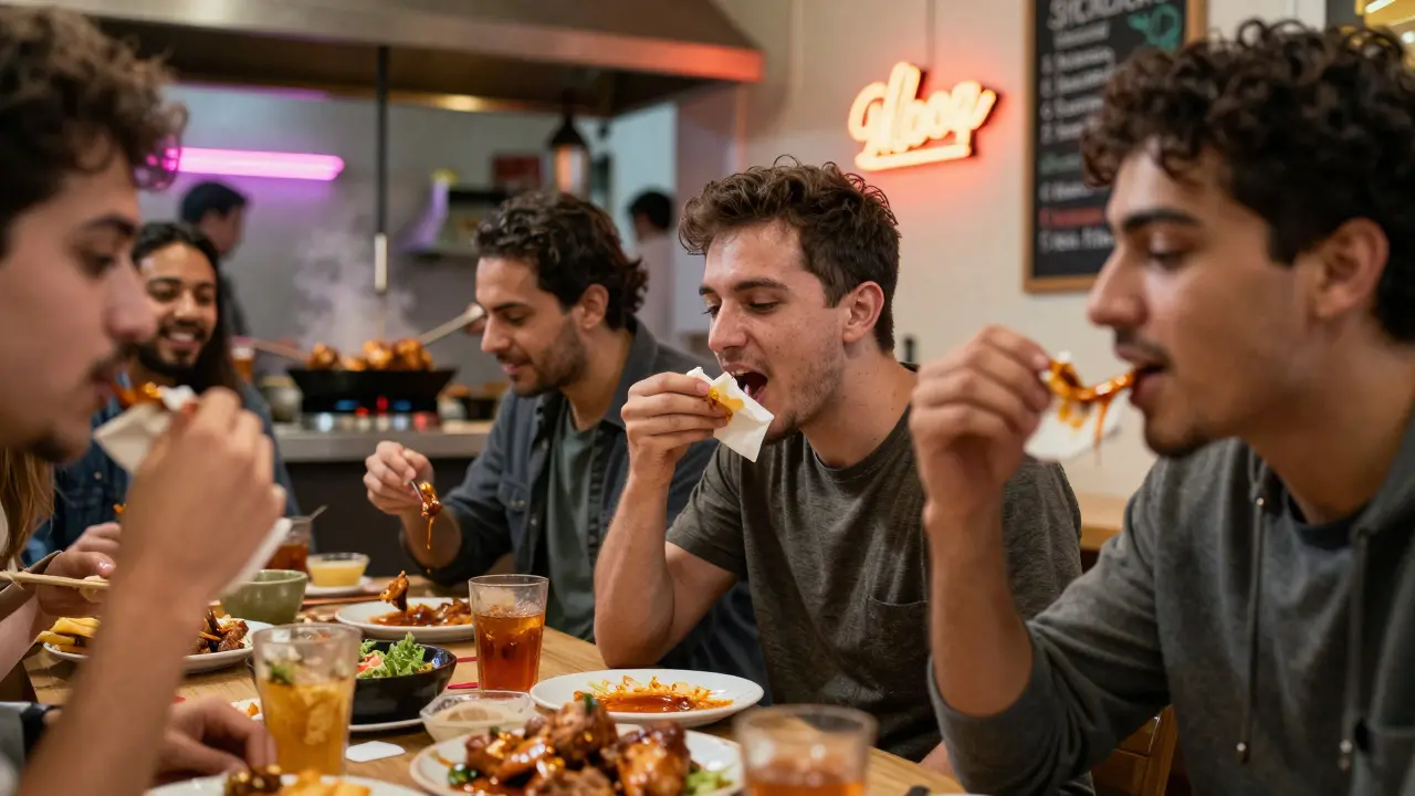 Close-up of people eating chicken with sauce on their hands, open kitchen sizzling in the background.