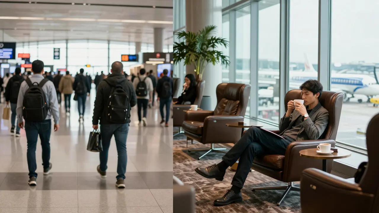 Contrast between busy airport terminal and peaceful airline lounge.