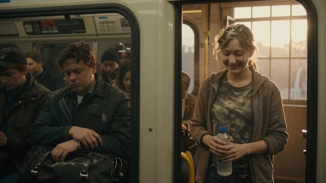 Contrasting images of a stressed commuter on the Tube and the same person smiling after a rage room session.