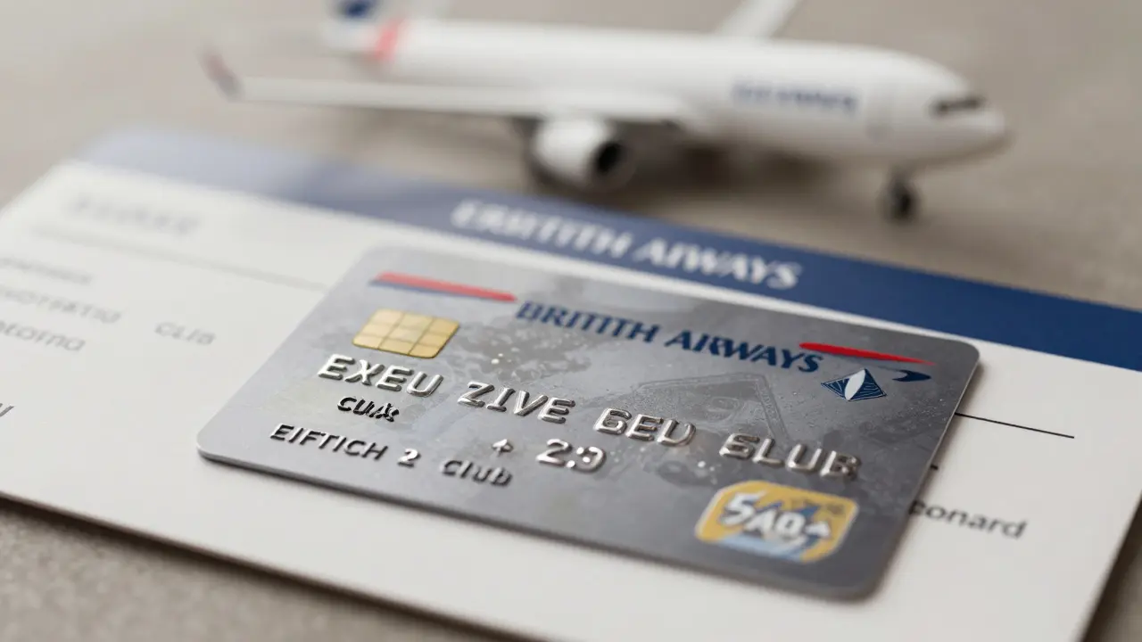 Credit card with airline logo next to boarding pass, soft background of aircraft.