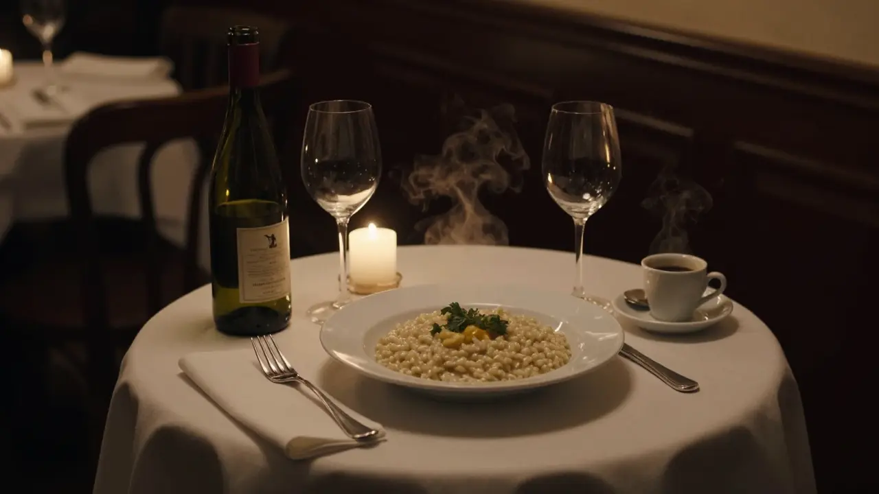 Dimly lit table with wine, risotto, and espresso in a traditional London trattoria.