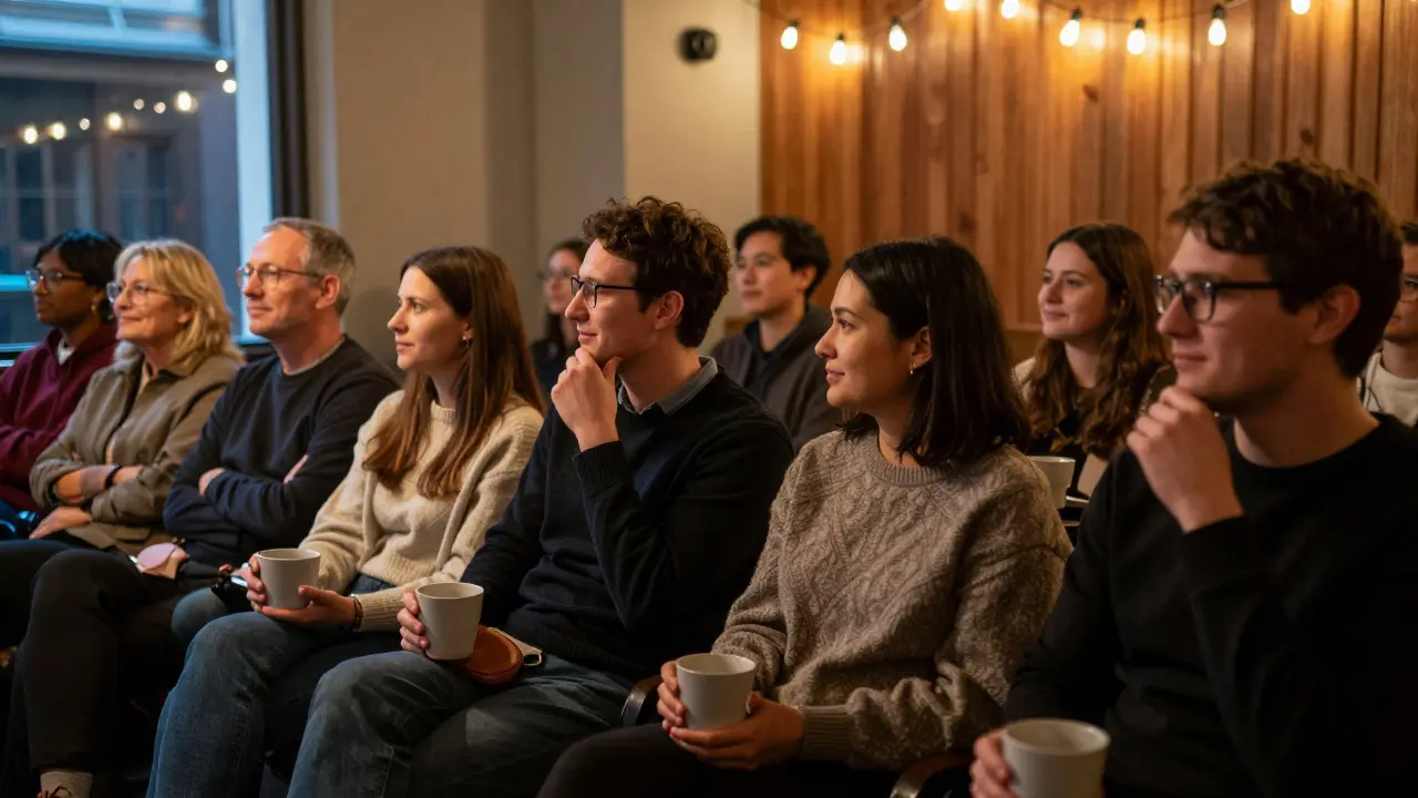 Diverse audience members smiling in a cozy theatre lobby, holding tea cups after a show.