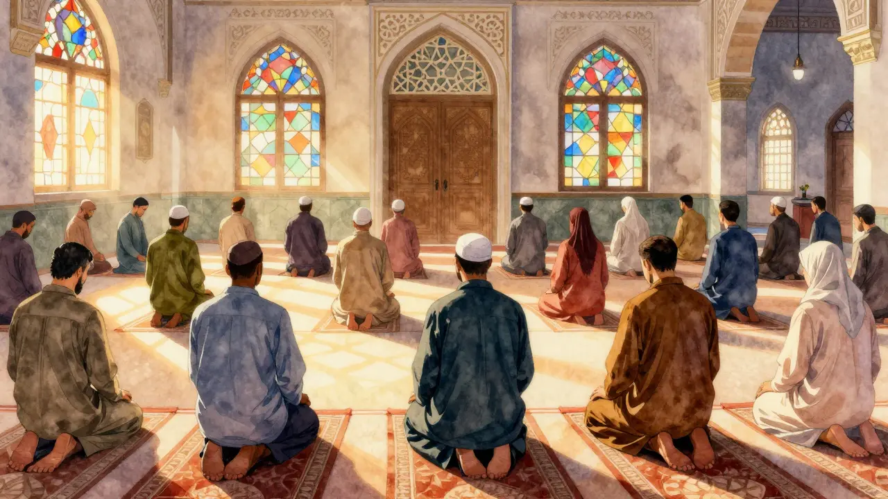 Diverse community praying in a mosque with stained glass light patterns.