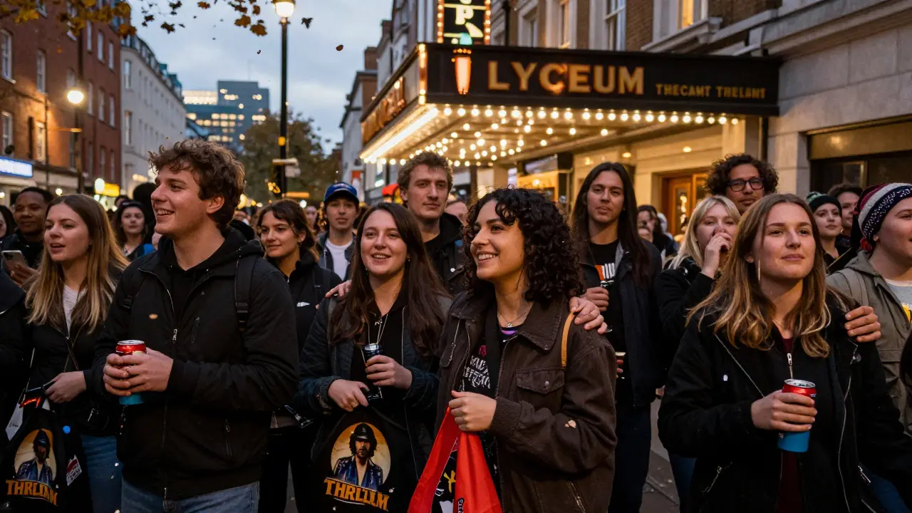 Diverse group of fans smiling and hugging outside Lyceum Theatre after Thriller Live show.