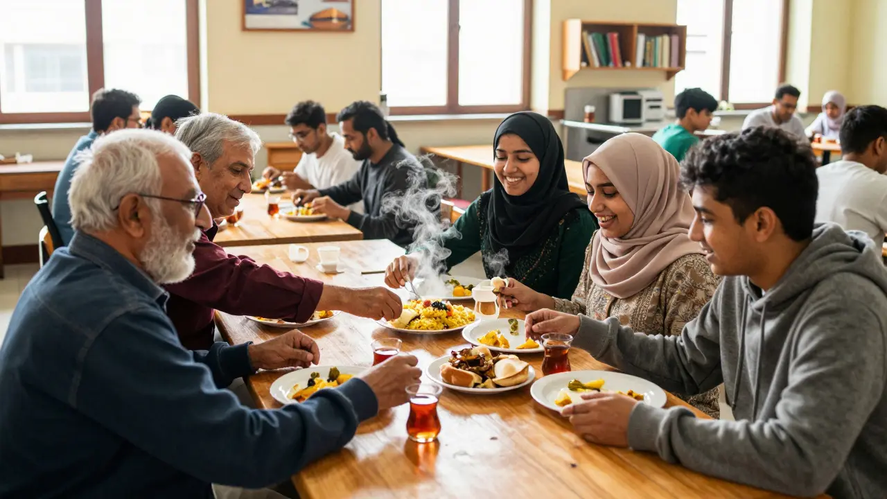 Diverse group sharing meal in mosque cafeteria, smiling and talking