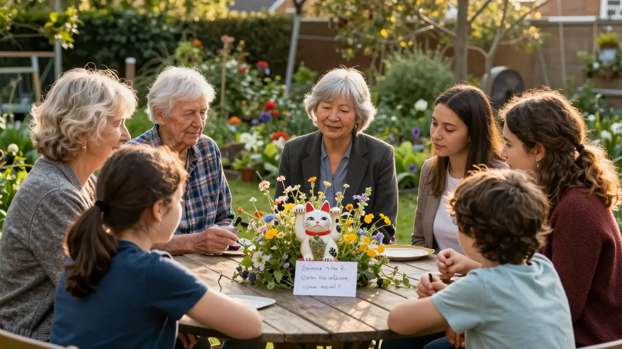 Diverse Londoners smiling beside a lucky cat in a community garden.