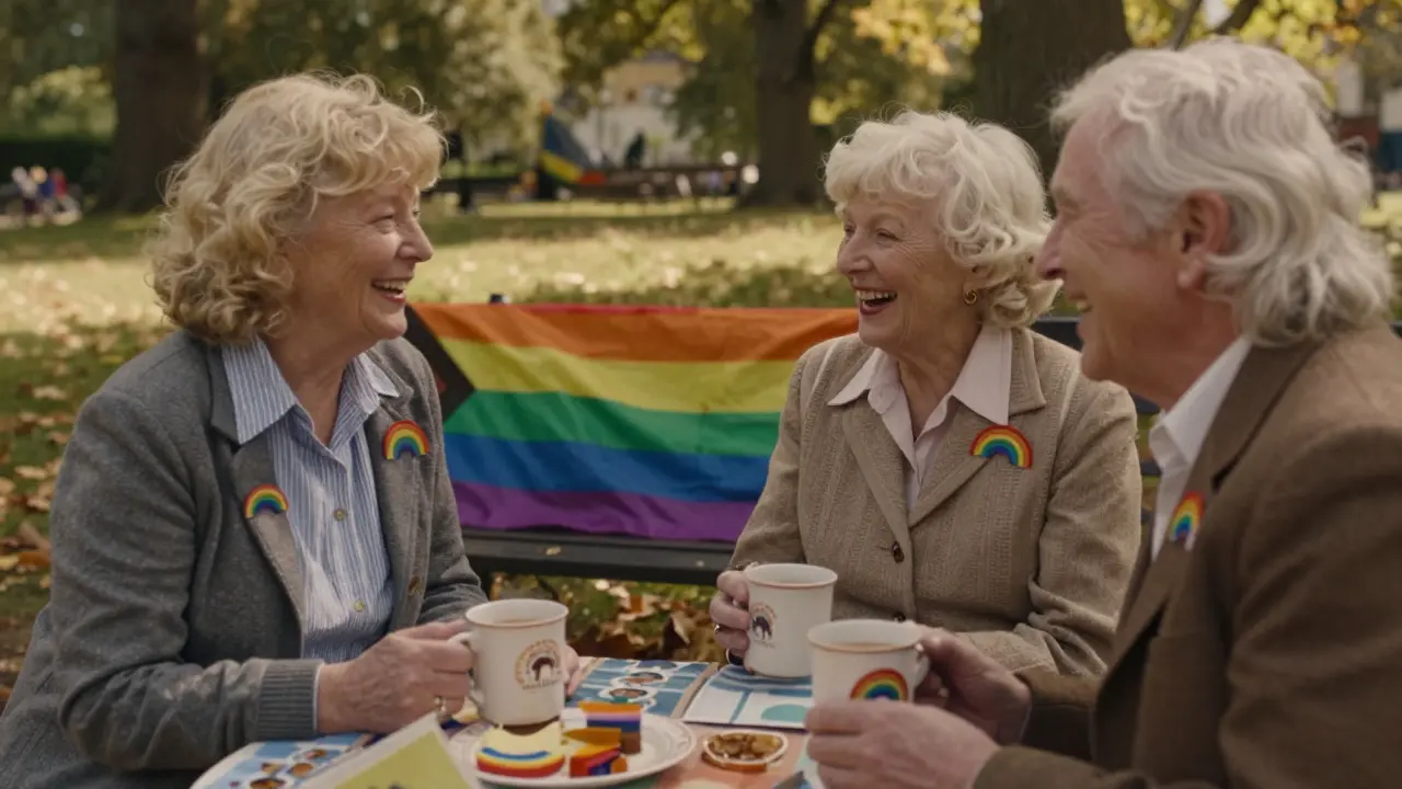 Elderly LGBTQ+ people smile together at a vintage Pride picnic, wearing retro rainbow pins.