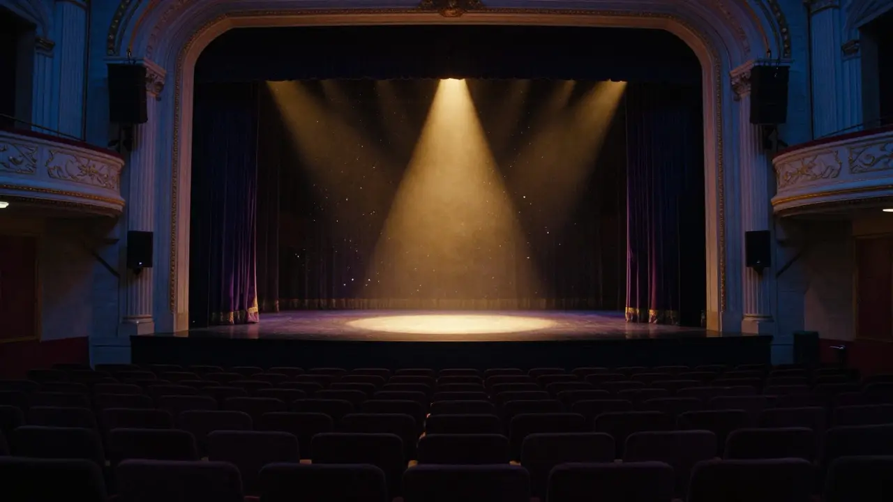 Empty theatre at dusk with a single spotlight on the stage