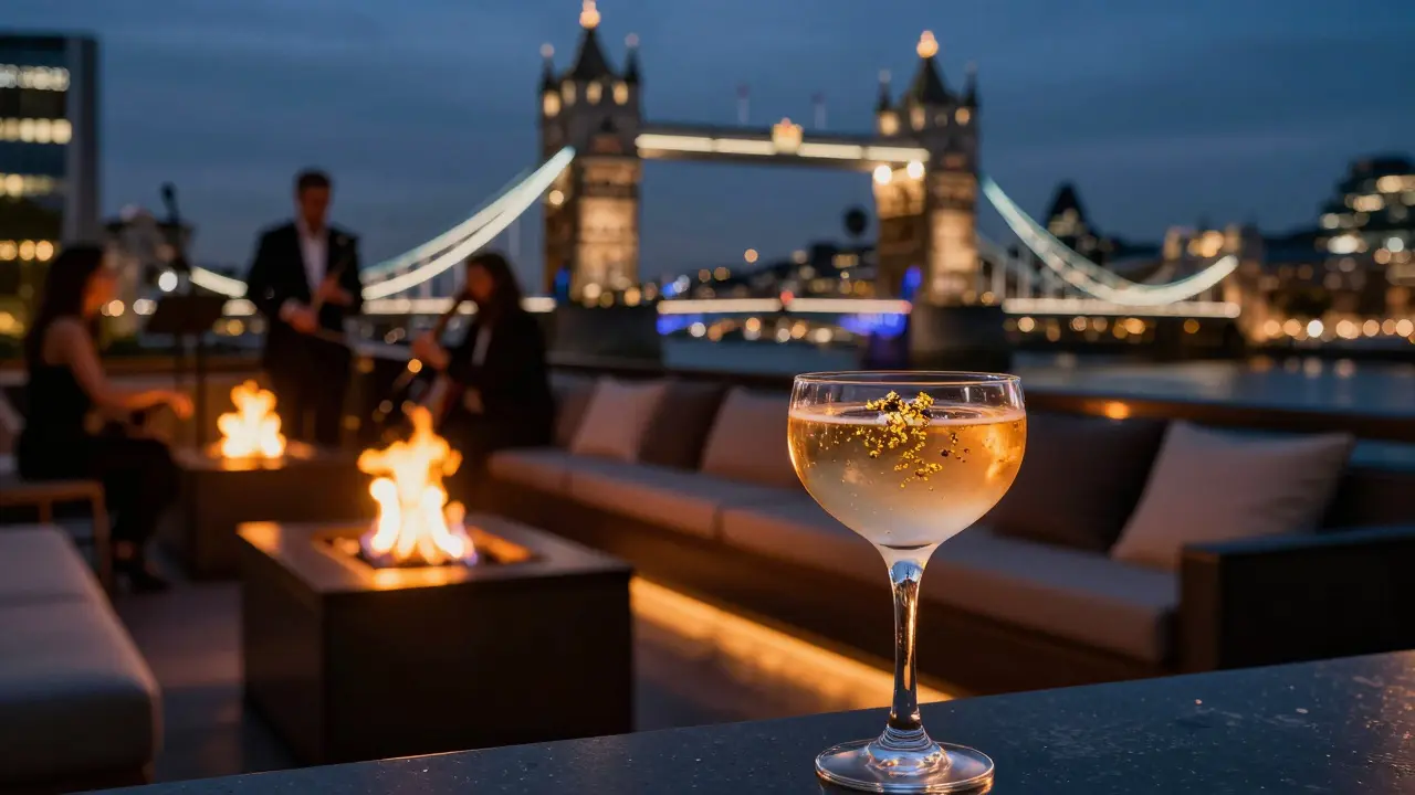 Evening cocktails with city lights and fire pits at London Bridge Rooftop.