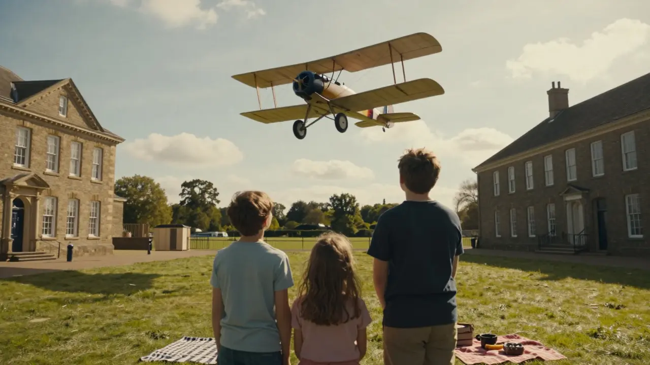 Family watching vintage aircraft flyover at RAF Museum airfield