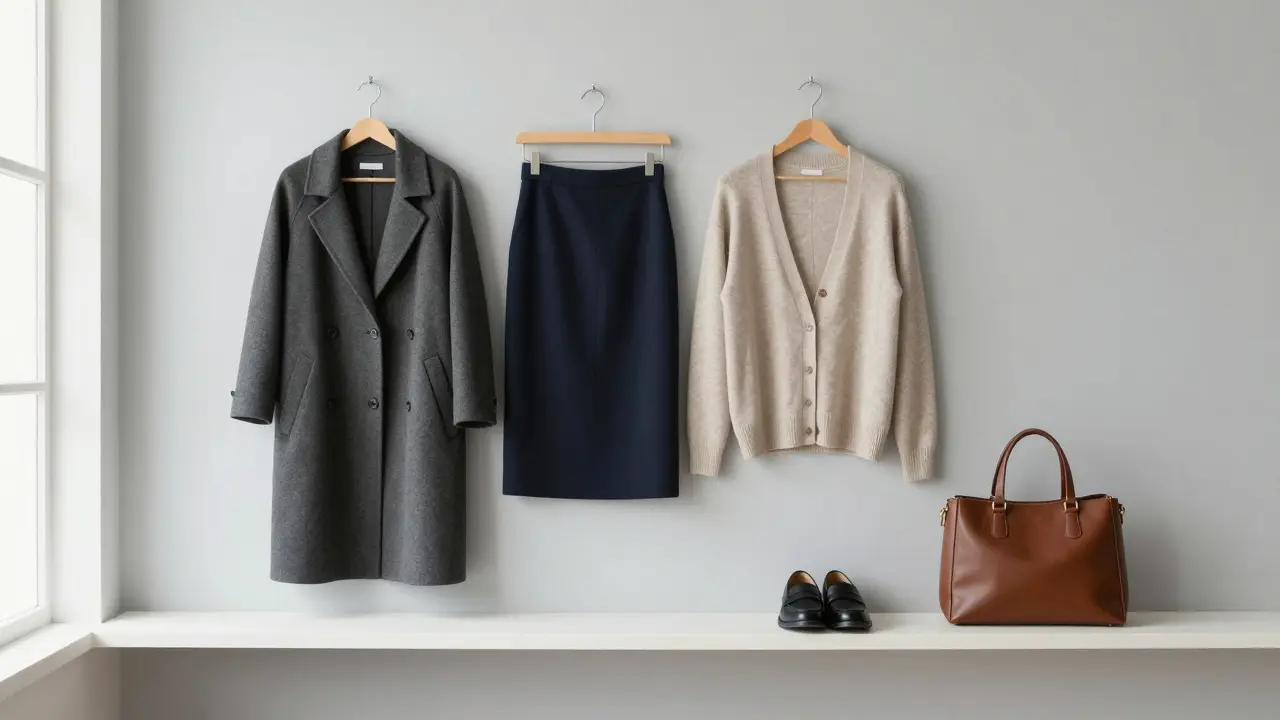 Five timeless wardrobe pieces arranged neatly on a minimalist shelf in neutral tones.