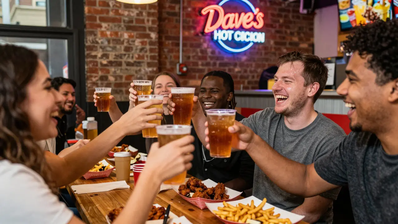 Friends laughing while eating at Dave's Hot Chicken in Camden