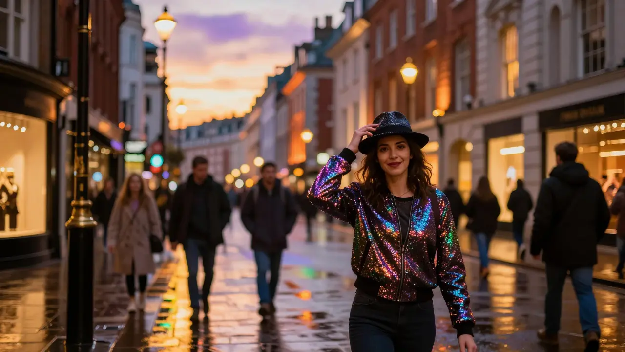 Golden hour on Regent Street with glittery pedestrians and warm streetlights reflecting on wet pavement.