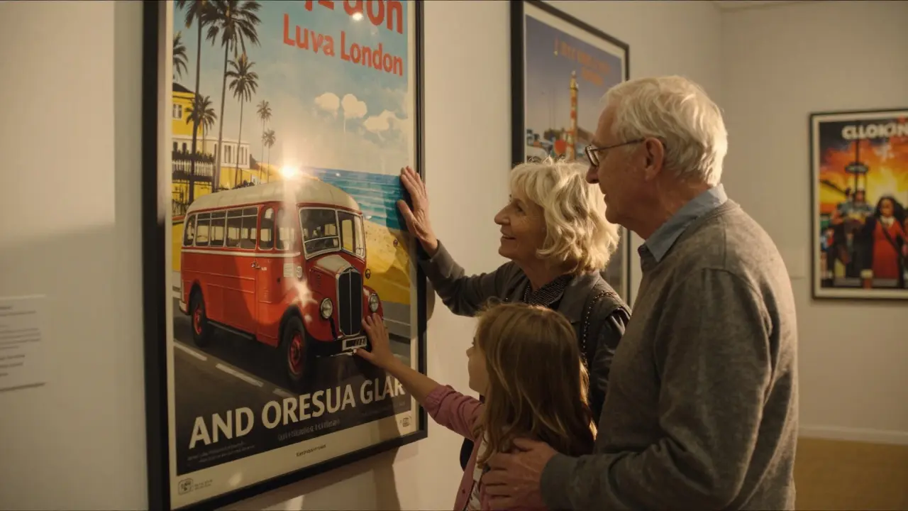 Grandparents and a granddaughter admiring a vintage London bus poster together.
