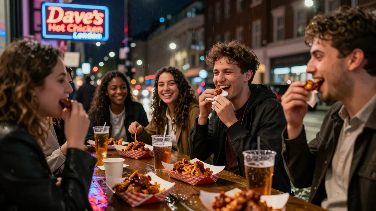 Group of people laughing while eating chicken on a London street at night.
