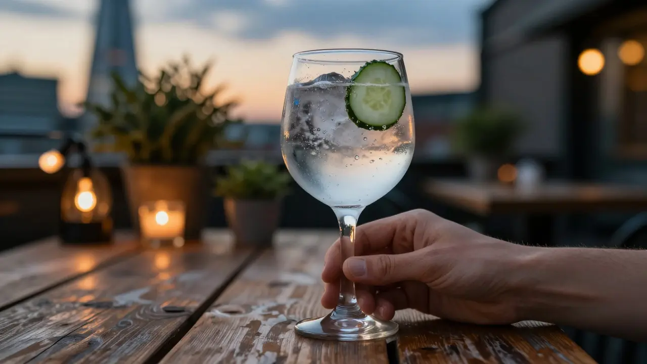 Hand holding a gin and tonic on a wooden table, Shard building glowing softly in the twilight background