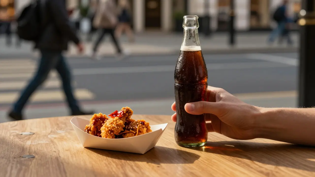 Hand holding cold drink beside spicy chicken order, soft streetlight glow.