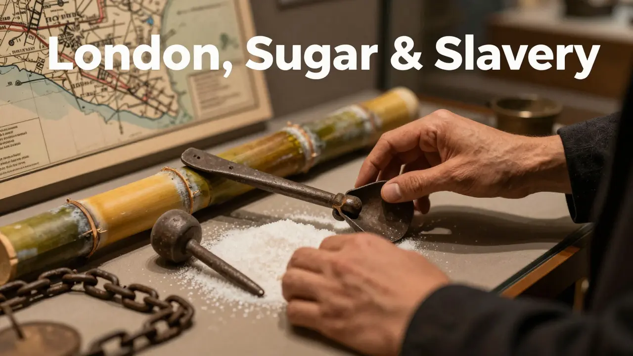 Hands holding replica dockworker tool with sugar cane and chains in exhibit