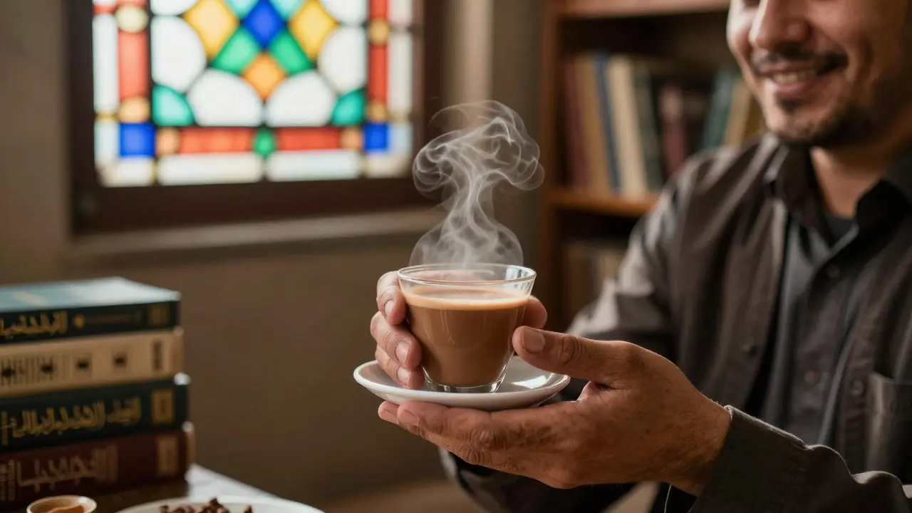 Hands offering tea to visitor with mosque window in background