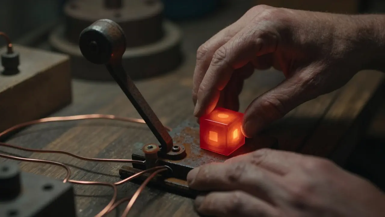 Hands placing a glowing redstone block next to a metal lever with copper wiring and warm shadows.