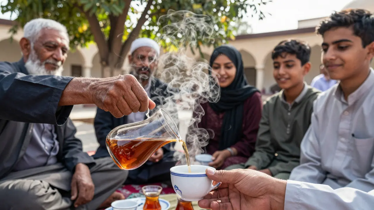 Hands pouring tea in mosque courtyard as diverse group sits together smiling