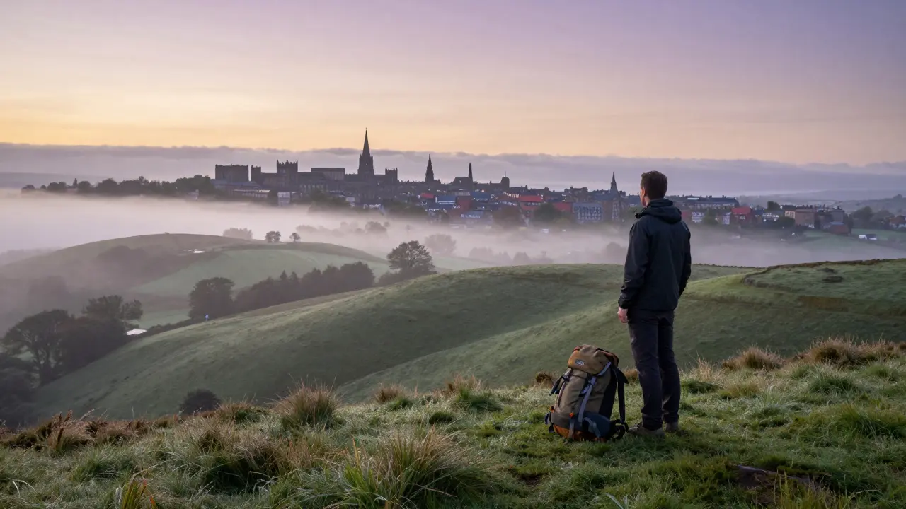 Hiker on Campsie Fells overlooking Glasgow city skyline at sunrise.