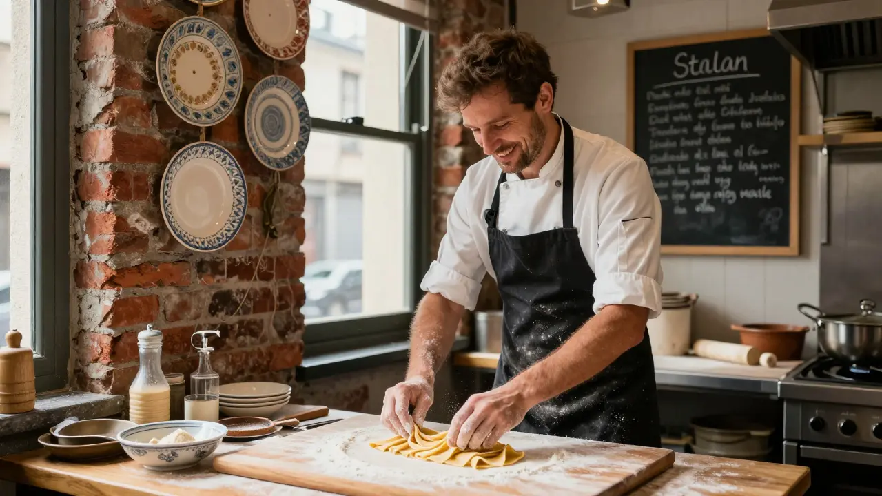Italian chef pulling fresh pasta from a wooden board in a cozy Soho kitchen.