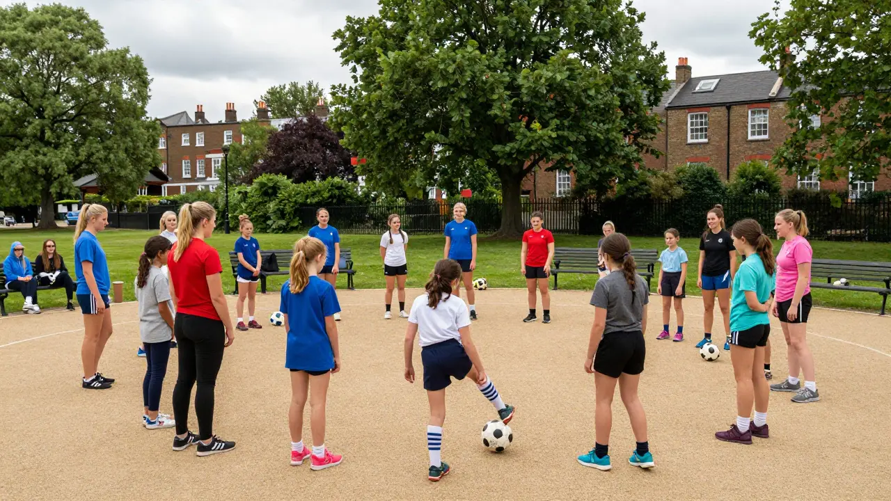 Lionesses players coaching girls in a local park, parents watching nearby.
