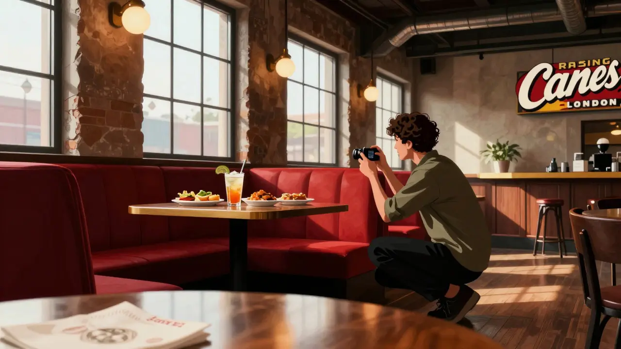 Low-angle photo of food on a red booth with warm lighting and dark wood details in a London restaurant.