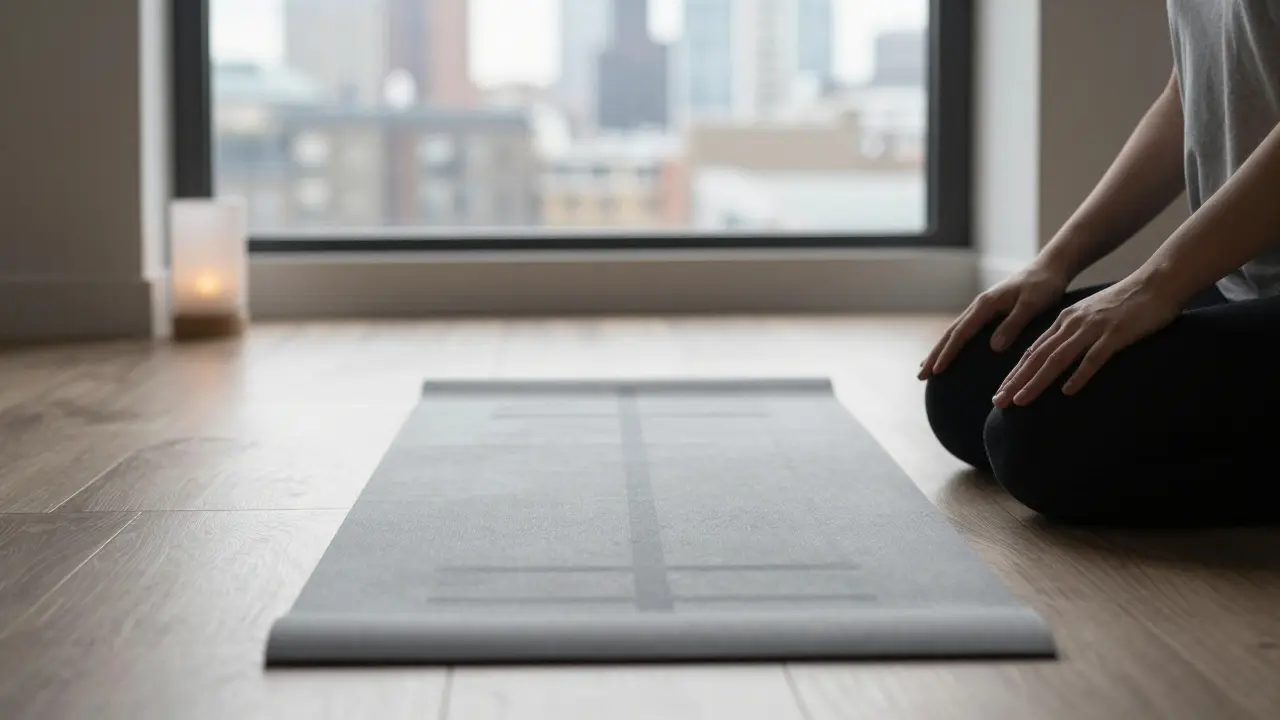 Minimalist prayer space in London apartment with city view.