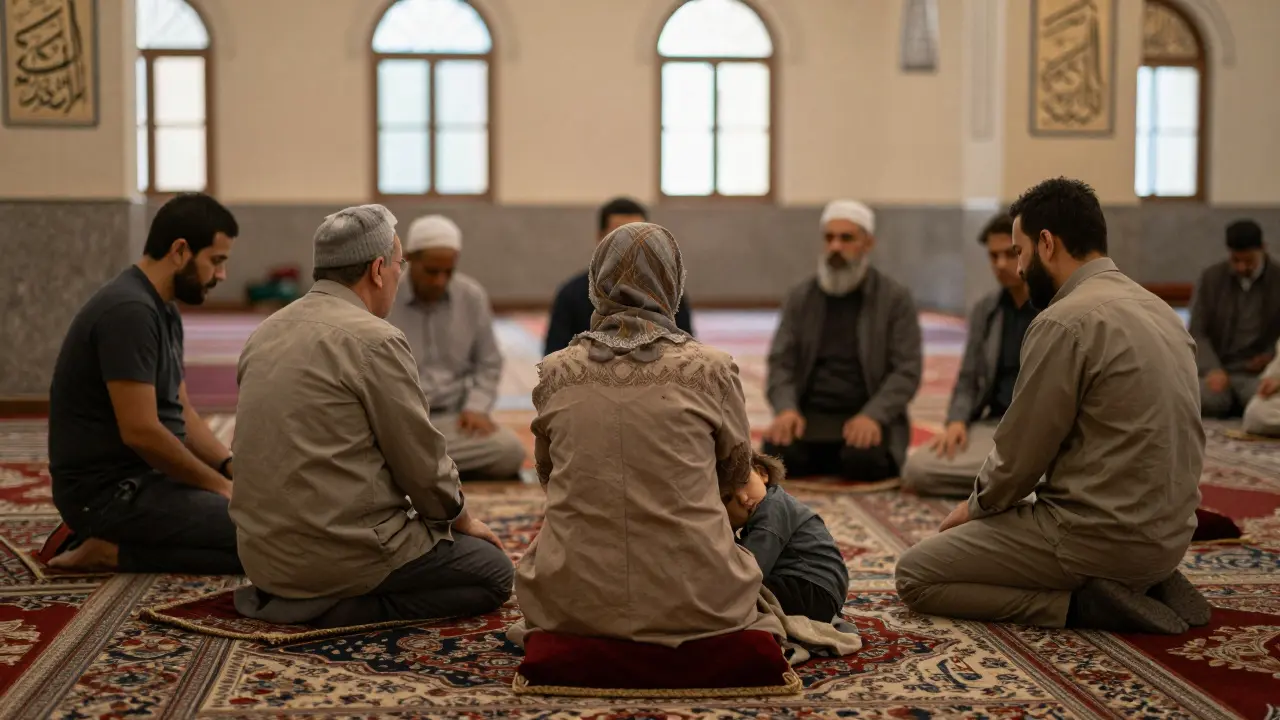 Multi-generational group sitting together on carpets after prayer, sharing quiet moment