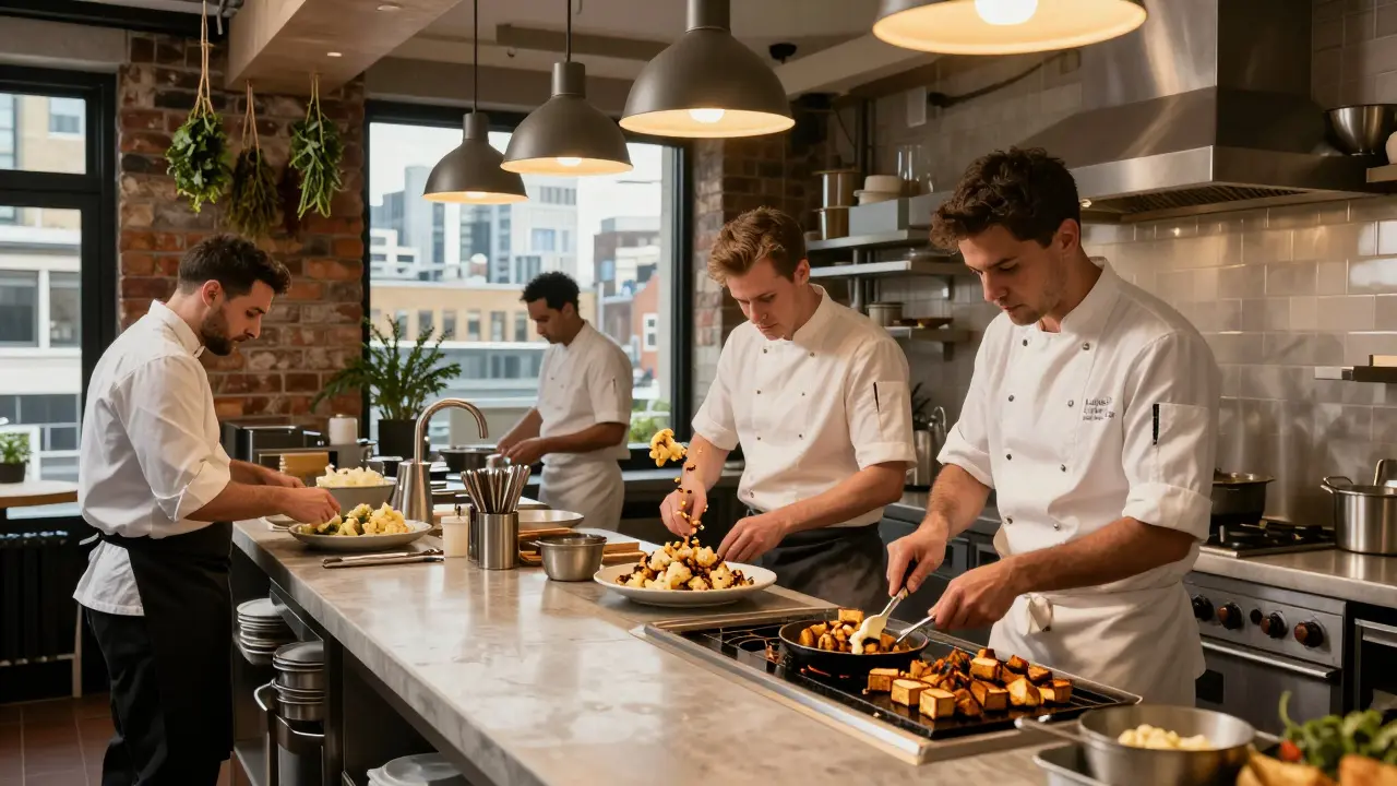 Open kitchen at Lifestyle Flat Iron with chefs preparing vegan dishes under warm lighting.
