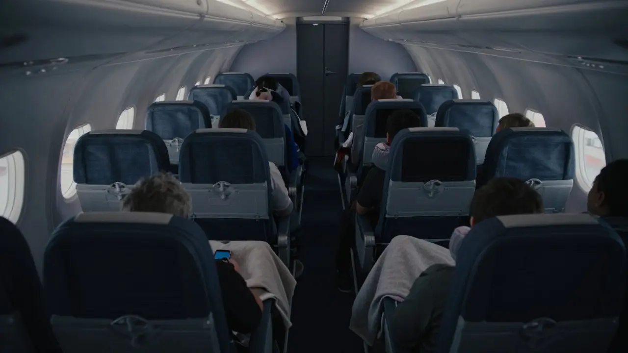 Overhead view of a quiet airplane cabin with dimmed lights and passengers resting peacefully