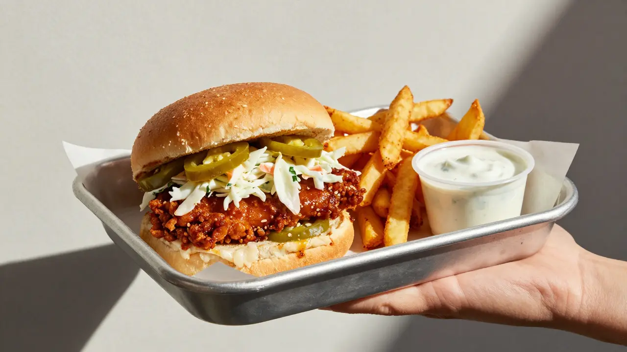 Paper tray with chicken sandwich, fries, and ranch cup