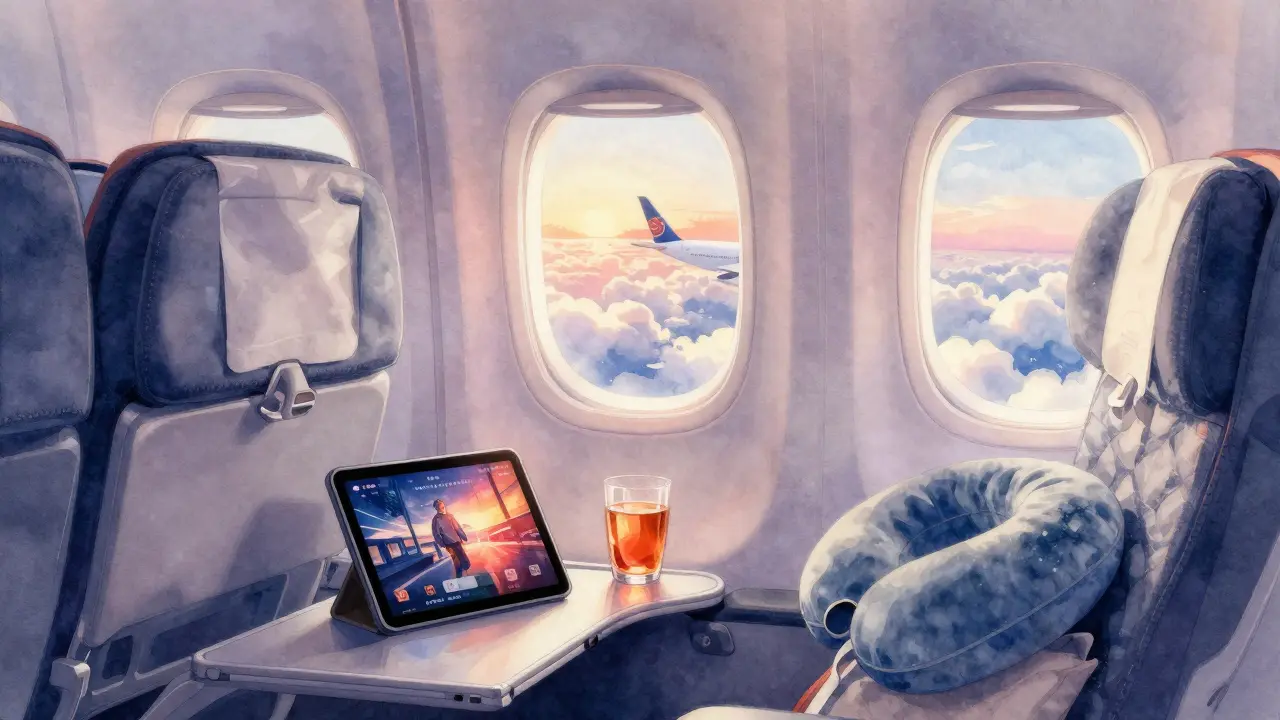 Passenger enjoying in-flight entertainment with cloud view from airplane window.