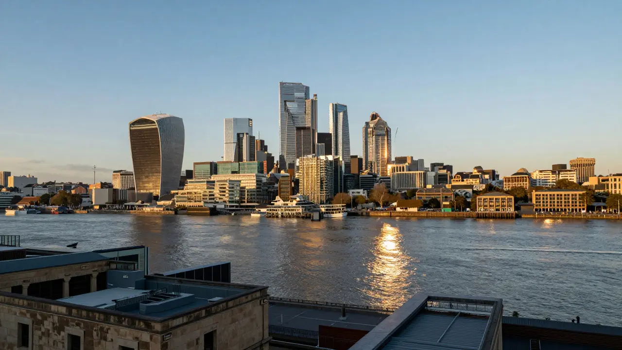 Rooftop view of Canary Wharf skyline and Thames River at golden hour