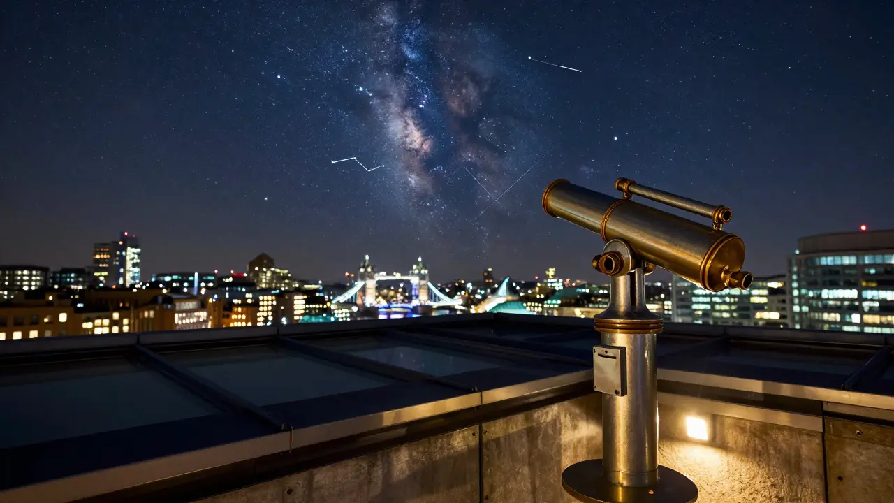 Stargazing at London Bridge Rooftop with telescope and city skyline.