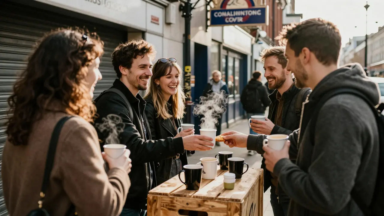 Strangers sharing coffee and snacks at a pop-up stand near a closed tube station.