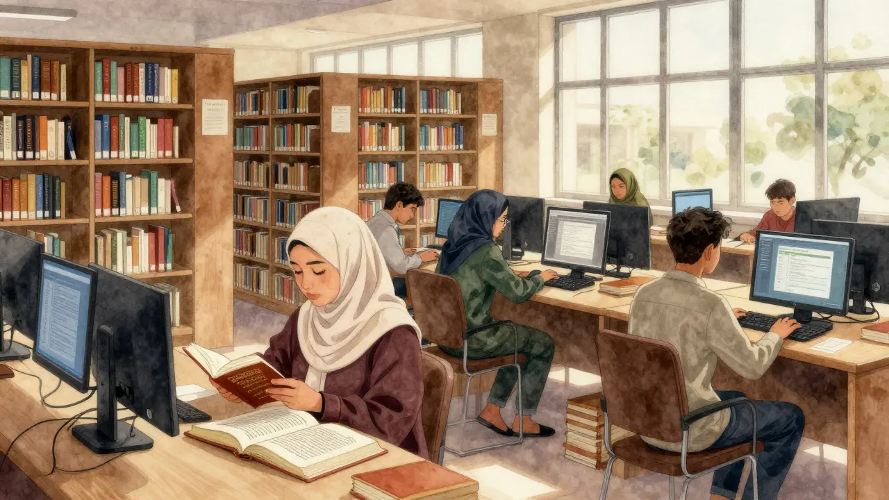 Students studying in Islamic Cultural Centre library with books and computers
