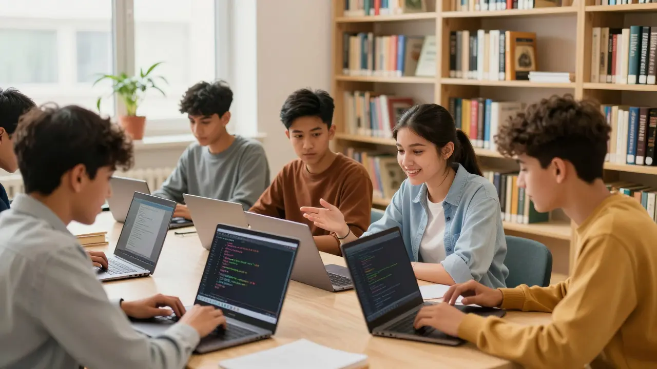 Teens in a coding workshop at the mosque's youth center.