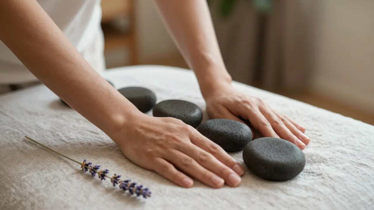Therapist's hands use warm stones on a massage table with lavender nearby, conveying gentle, skilled care.