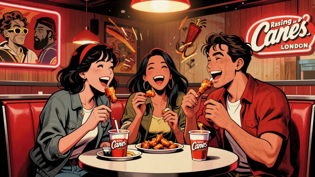 Three friends laughing in a red booth at Raising Canes London, surrounded by murals and neon lights.