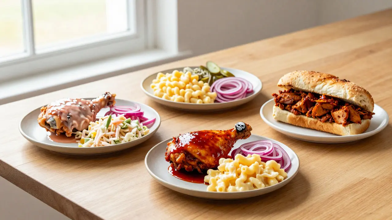 Three spice levels of chicken with sides and a vegan jackfruit option on a wooden table, showing contrast in heat and texture.