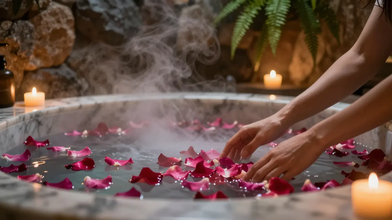 Two hands gently touching above a rose-petal-filled hot tub with steam rising in a private spa setting.