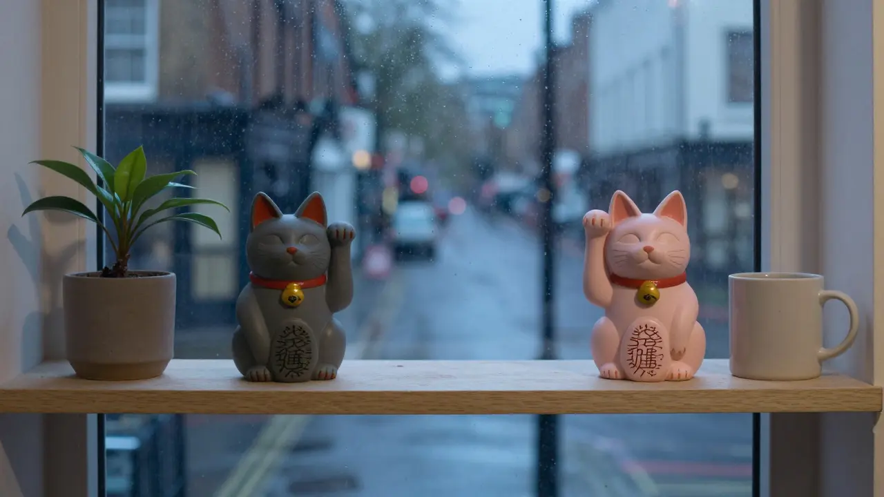 Two minimalist lucky cats on shelves in a London apartment, window showing a blurred rainy street outside.