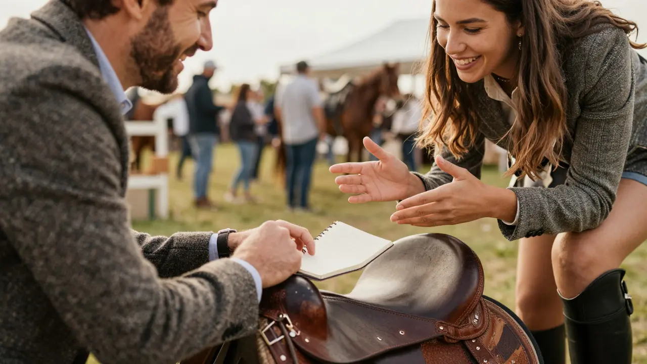 Two people smiling over a leather saddle, one holding a notebook, in a warm, softly lit horse show setting.