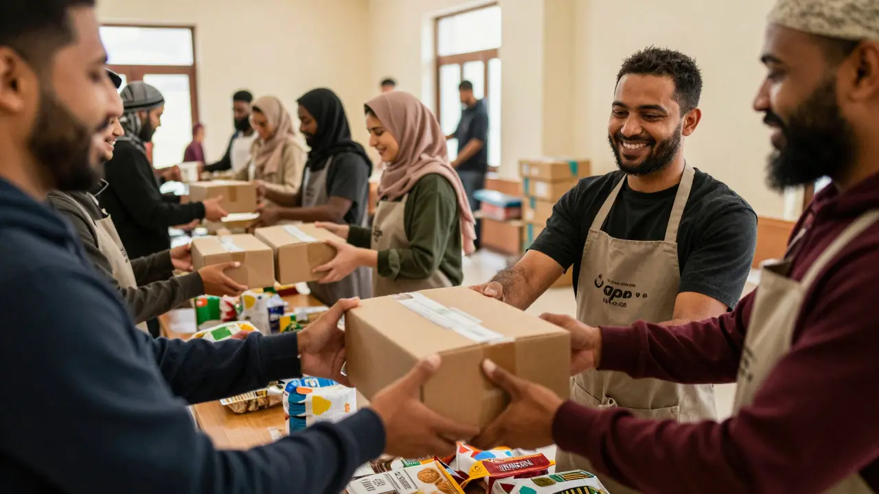 Volunteers distributing food aid to diverse community members at mosque outreach event