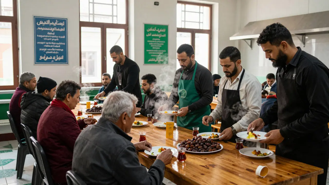Volunteers serving meals to diverse community members in the mosque kitchen.