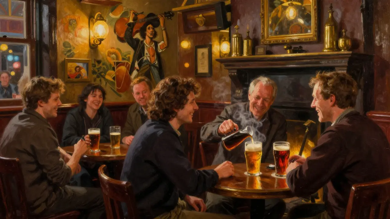 Warm pub interior in Glasgow with locals chatting over pints and a fireplace glowing.