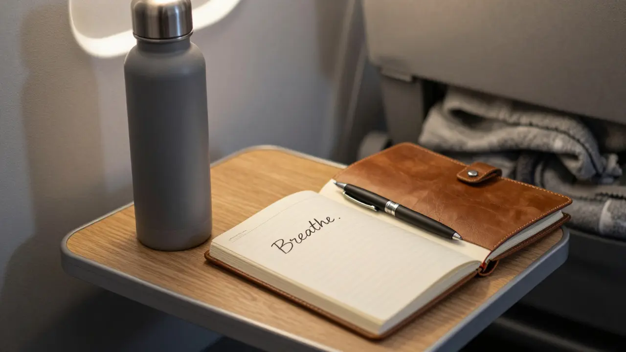Water bottle and journal on a tray table with one handwritten word: 'Breathe.'